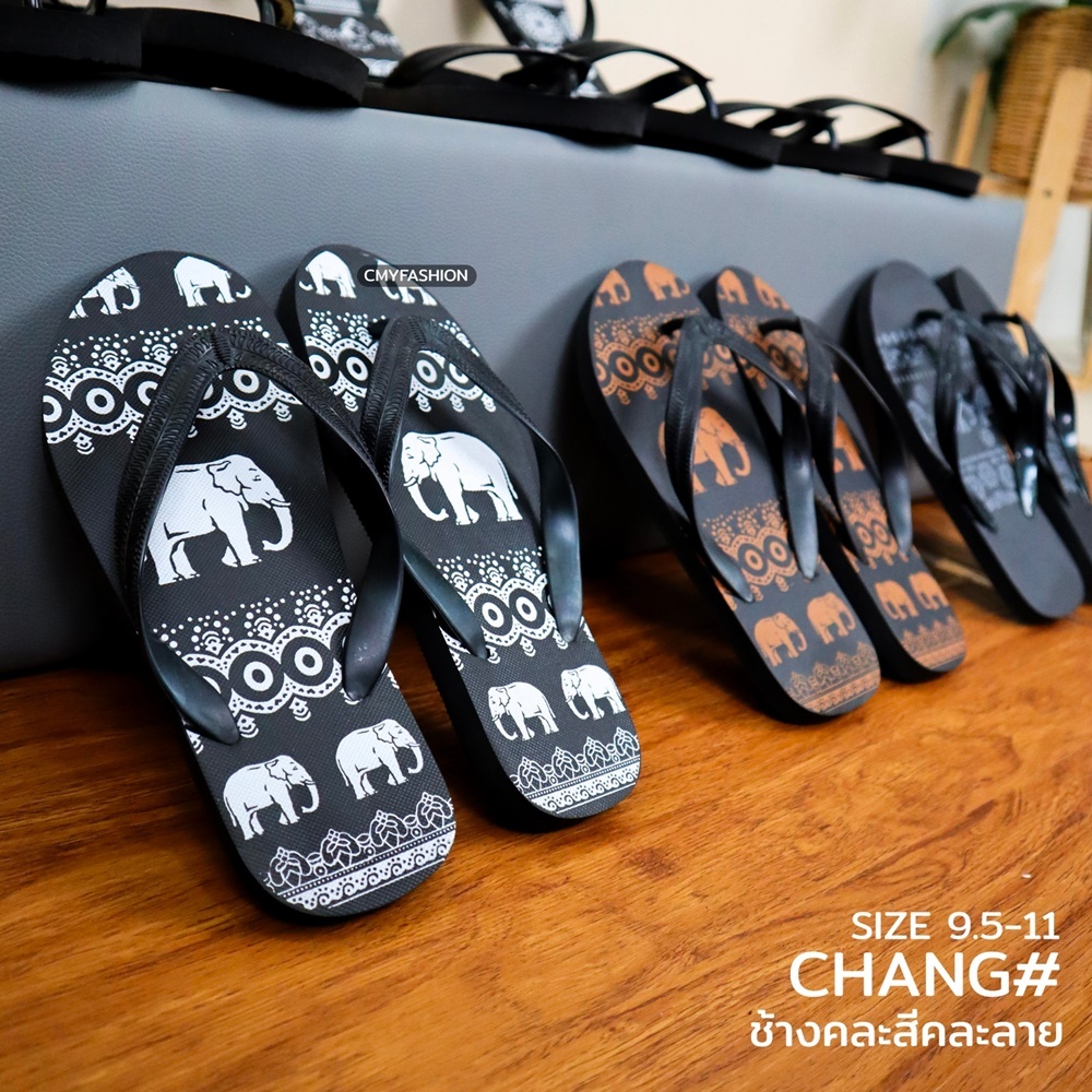 รองเท้าแตะ ราคาถูก รองเท้าหูคีบ รองเท้าหูหนีบ สกรีนลายลายช้าง ลายกราฟิก คละลาย chang#