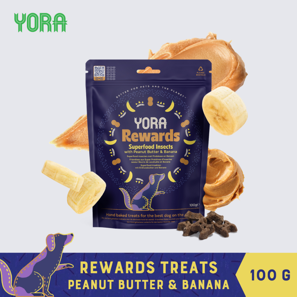 YORA Rewards Baked Dog Treats Peanut Butter Banana 100g โยรา รีวอร์ดส ขนมบิสกิตโปรตีนแมลงสำหรับสุนัข