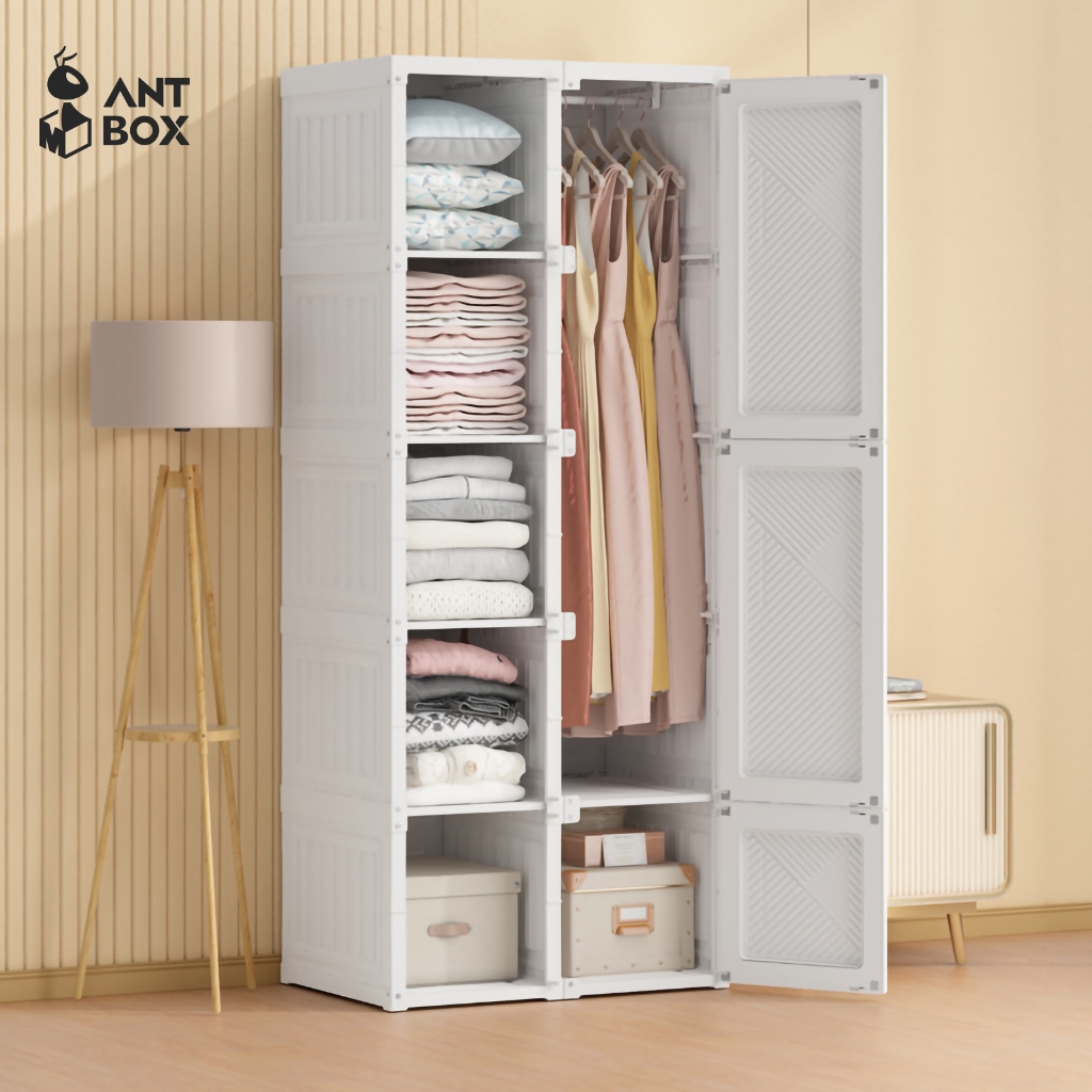 ANTBOX ตู้เสื้อผ้า 10 ช่อง ขนาด 120cm สีขาว ชั้นใส่เสื้อผ้า เอนกประสงค์ พลาสติกแข็ง พับเก็บได้ ประหยัดพื้นที่ ประกอบง่าย