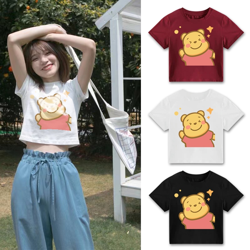 เสื้อยืดครอป ลายการ์ตูนหมีพูห์สุดเท่ห์ ครอปผ้าโพลีเอสเตอร์ เสื้อครอป ผ้านิ่ม เสื้อแฟชั่นสไตล์เกาหลี