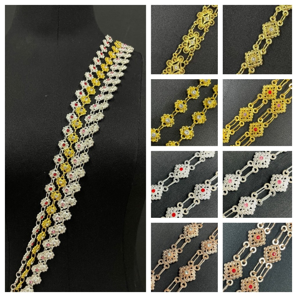 Vintage Jewelry สร้อย สังวาลย์ ชุดไทย  ประดับ เพชรพลอย  126cm สีทอง เงิน นาค