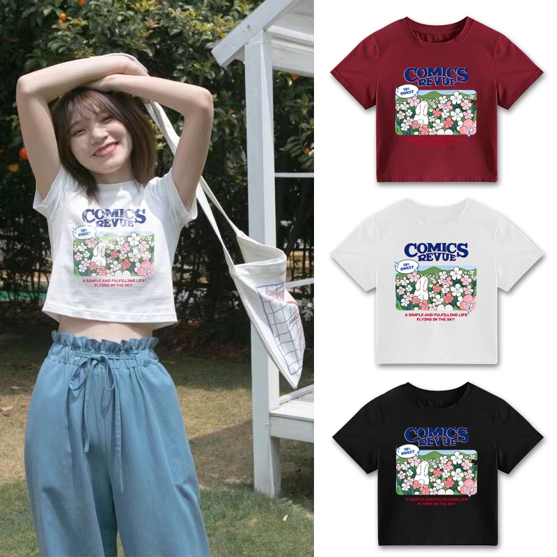 [ผ้าโพลีเอสเตอร์แท้] เสื้อครอปพิมพ์ลายน่ารักๆ สไตล์สาวหวาน แขนสั้น คอกลม ใส่แล้วแบ๊วมาก