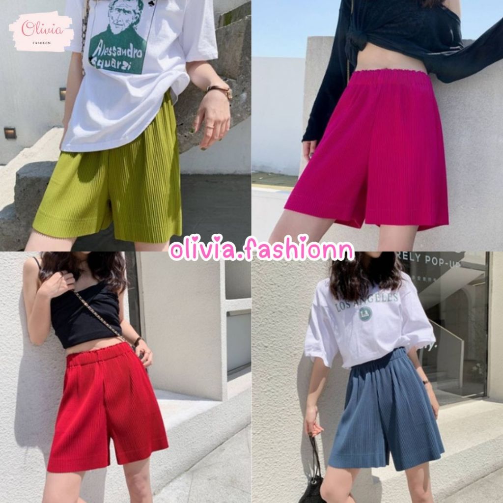 🍓Olivia🍓☘กางเกงอัดพลีด ☘ขาสั้น ผ้าไม่บางนิ่มใส่สบายมาก สีสันสดใส มีพร้อมส่ง 6สี☘ #604