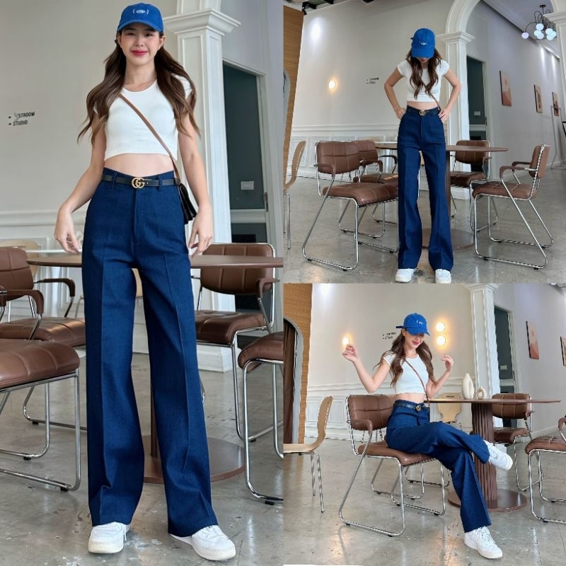 (K2.) Classy Pants กางเกงตะขอหน้ากระบอกกลางสียีนส์เข้ม