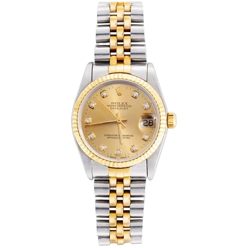 Rolex นาฬิกาผู้หญิง Log ประเภทเพชรอัตโนมัติ 18K Gold แชมเปญแผ่นกลับเพชรนาฬิกาเส้นผ่านศูนย์กลาง 26/31 มม.