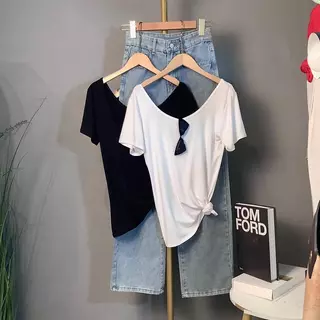 เสื้อยืดแขนสั้นทรงเว้าหลัง
