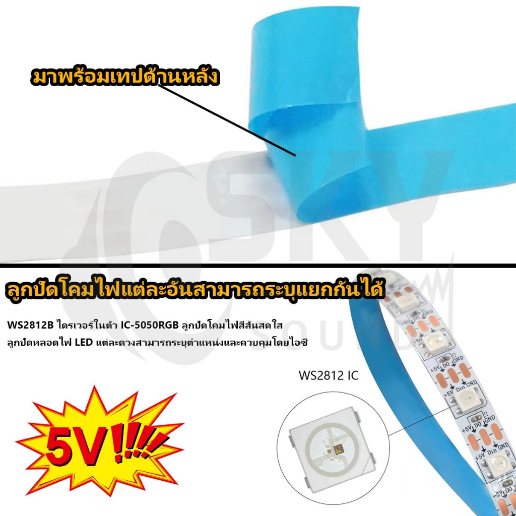 SKYSOUND แถบริบบิ้นไฟ Led RGB IP30 WS2812B 60 ดวง/M DC 5V ยาว 2ม. 5ม.  ยืดหยุ่น แถบไฟ Led Strip ตัวควบคุมเพลง LED บลูทูธ รูปที่ 3