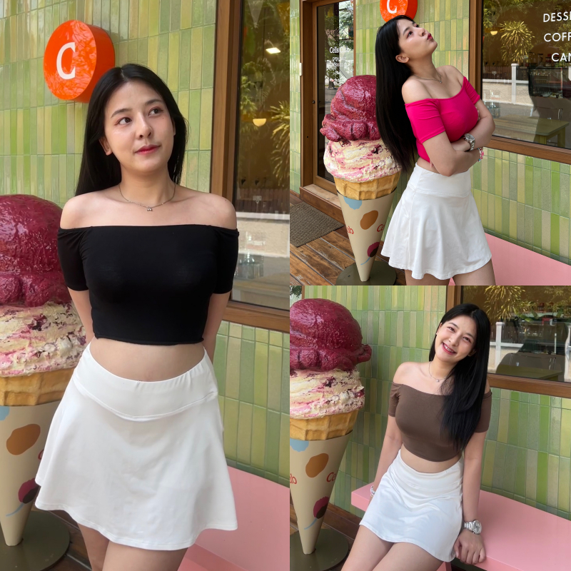 SpinnyHouse เสื้อครอปสั้นปาดไหล่ ผ้าเรย่อนยืดเยอะ ทรงลูกคุณหนู เรียบหรูน่ารัก สาวอวบใส่ได้จ้า รุ่น คัพเค้ก B-001-1-A