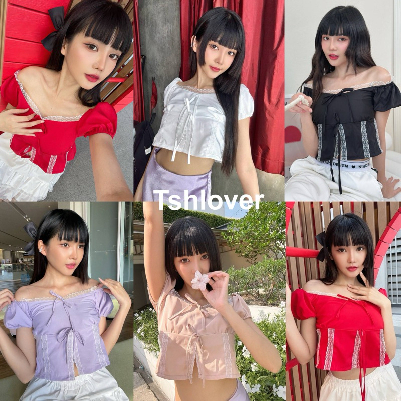 (VDO ลด50%)    พร้อมส่ง 7 สี มีซับใน‼️  ครอปแขนตุ๊กตา ครอปแต่งลูกไม้ เสื้อเวียดนาม ครอปลูกไม้ผ่าหน้า