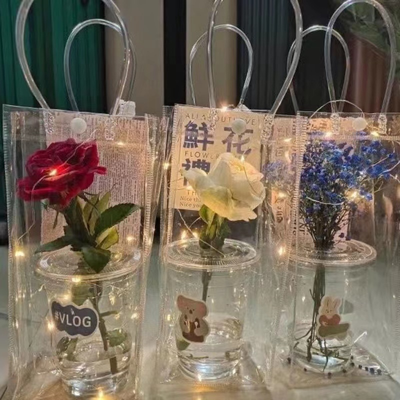 🌻Flower🌻ถุงหิ้วพลาสติก PVC ใส สำหรับใส่ของ ใส่ดอกไม้ ใส่แก้วน้ำ(26*10*10ซม.) ราคาถูก