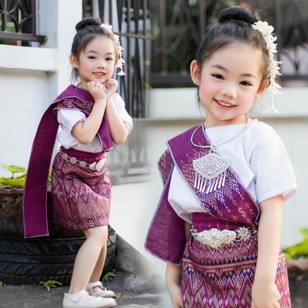 ชุดไทยเด็ก พื้นเมือง เซท3ชิ้น เสื้อ กระโปรง สไบ