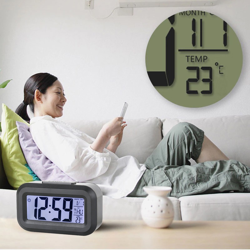 นาฬิกาดิจิตอล นาฬิกาปลุก LCD อัจฉริยะ นาฬิกาตั้งโต๊ะพร้อม อุณหภูมิ เลื่อนปลุก ปฏิทิน ไฟพื้นหลัง นาฬิกาปลุกปิดเสียงหน้าจอ - รูปที่ 2
