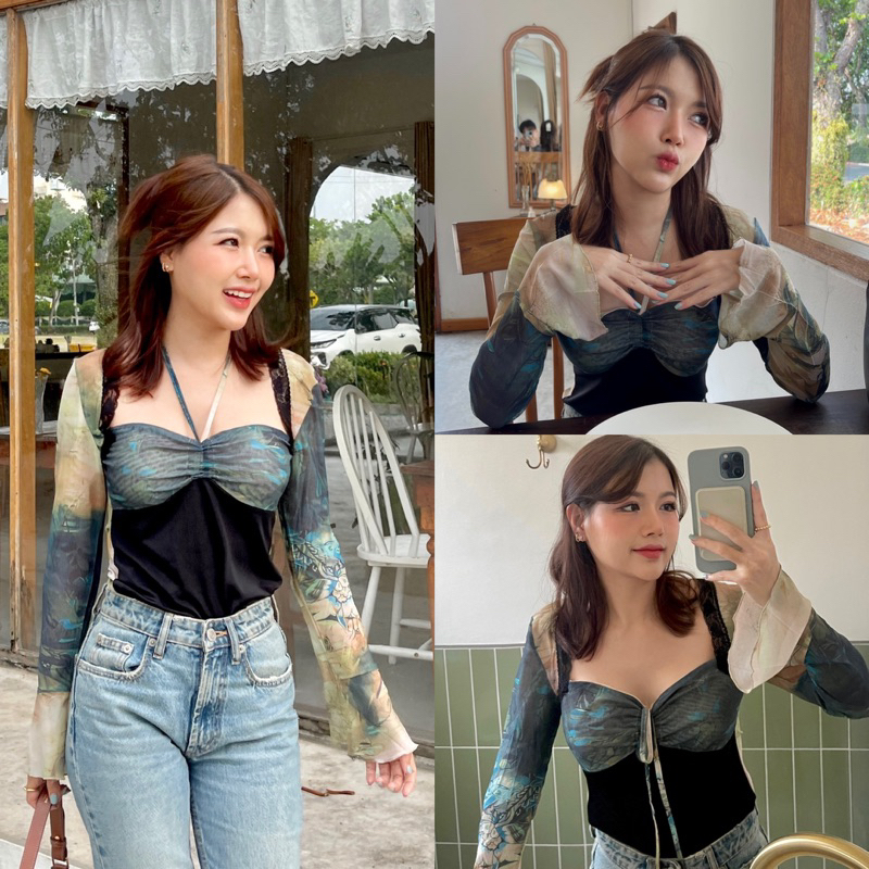 M13- เสื้อแขนยาวรูดอก ลายวินเทจขอบลูกไม้ สวยมาก