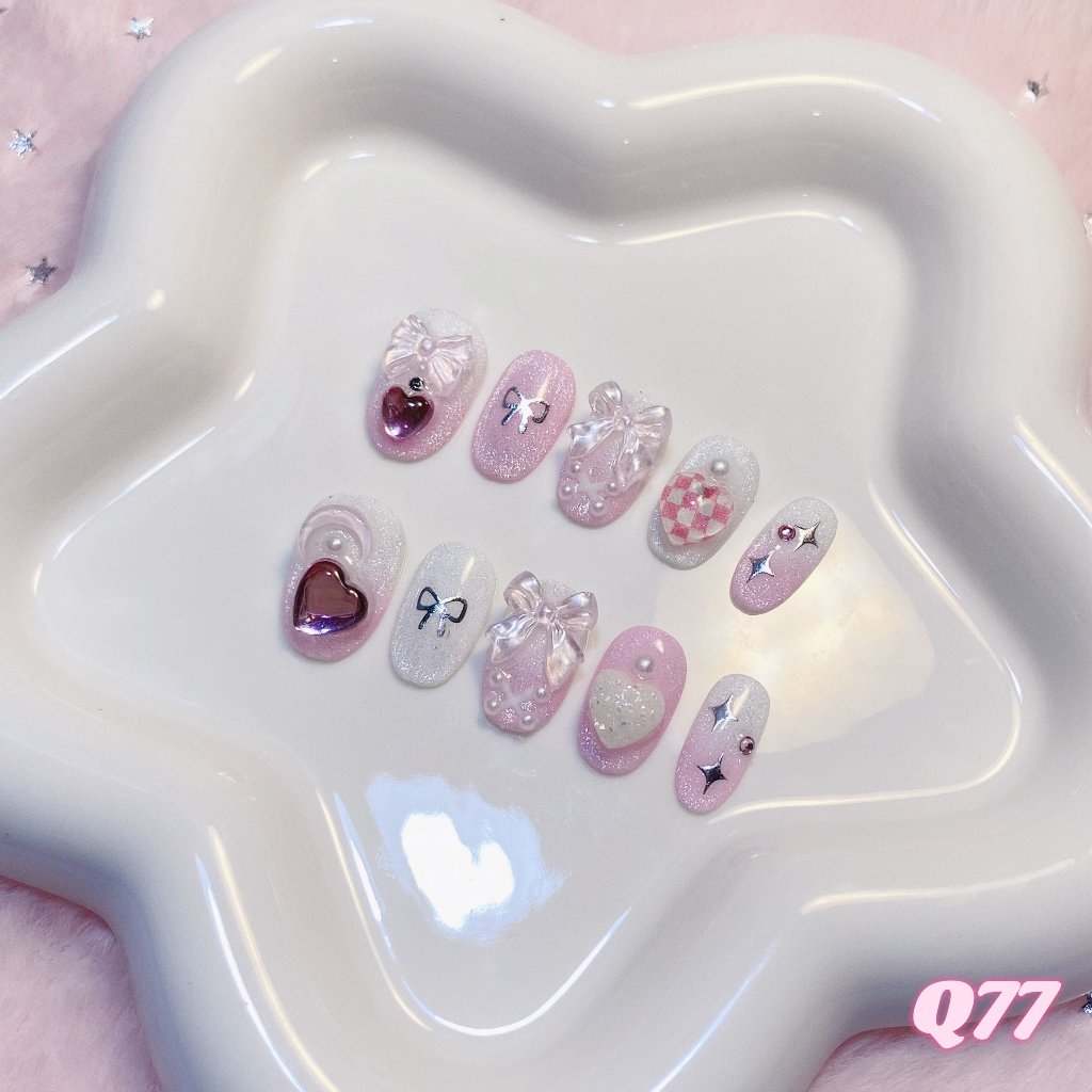 ೀ⋆｡ Q77 เล็บเจลปลอมสีชมพูขาวลูกแก้ว 🎀⭐️🤍