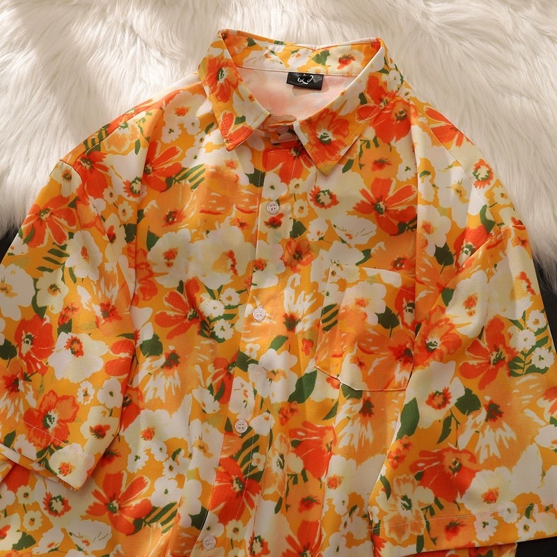 midsummer เสื้อสงกรานต์2024 เสื้อฮาวายลายดอกสีส้ม ผ้าไหมอิตาลี ใส่เล่นน้ำสงกรานต์ #3005