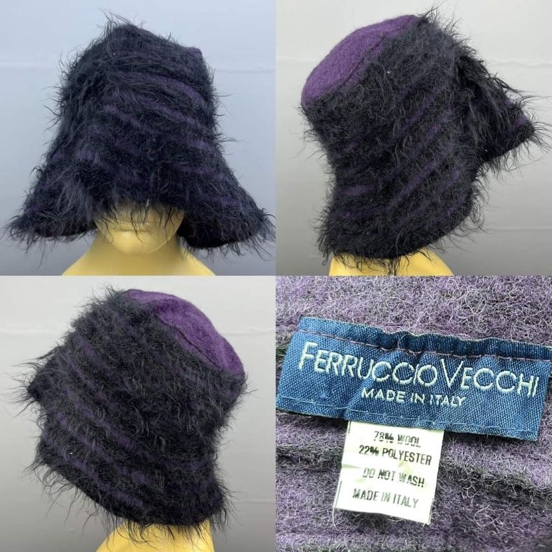 Ferruccio vecchi bucket hat หมวกสีม่วงแต่งขนๆmade in Italy