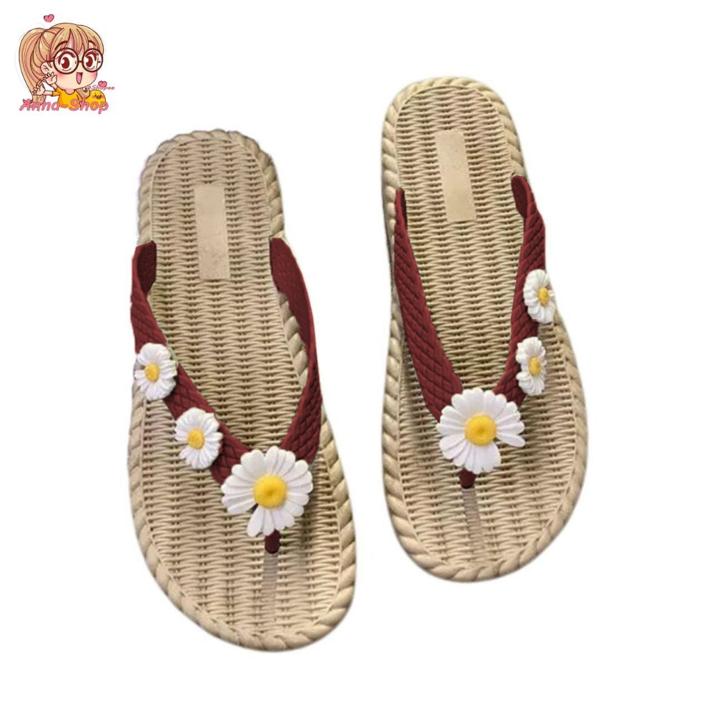 รองเท้าแตะหูหนีบ 🌼รองเท้าแฟชั่น พื้นสาน แต่งดอกไม้ สีสันสดใส พื้นนิ่มใส่สบาย ไม่ลื่น  T57