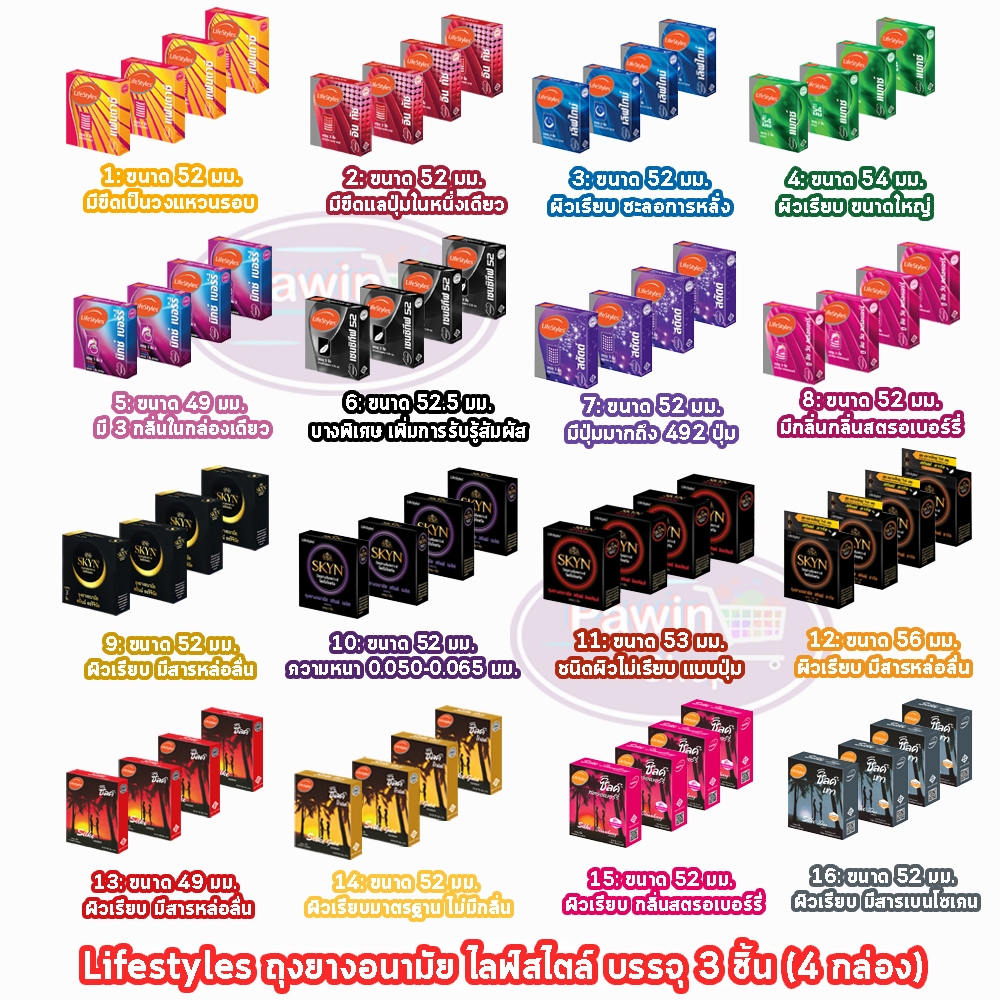 ถุงยางอนามัย LifeStyles Silke และ SKYN ขนาด 49, 52, 56 มม. บรรจุ 3 ชิ้น [4 กล่อง] JJ 42XX ถุงยาง