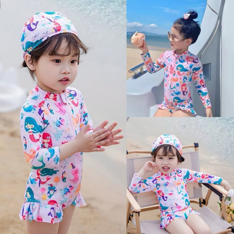 พร้อมส่ง ชุดว่ายน้ำเด็กผู้หญิงมีซิบหน้า ลายไอติมกับลายนางเงือก รุ่นนี้แถมหมวกว่ายน้ำด้วยค่ะ น่ารักมาก ทุกเพศ (SW IC,NG)