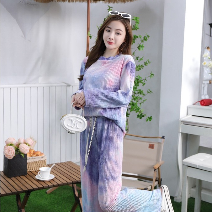 ชุดทำงานสาวอวบ ผ้าพริ้วใส่สบาย ดีไซน์สวย เสื้อแขนยาว กางเกงขายาว เสื้อแขนยาว ชุดเซทสาวอวบน่ารักๆ ลายมัดย้อม TZ9987