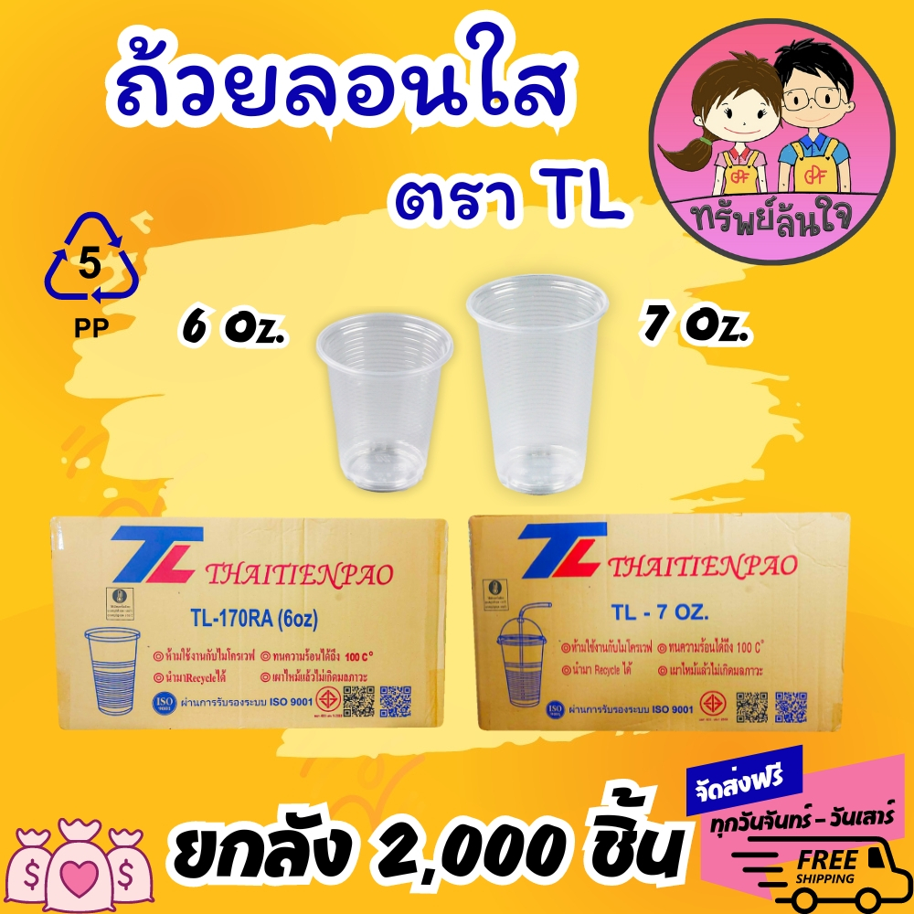 (ขายยกลัง40แพ็ค) แก้วน้ำพลาสติกใส ลอนใส ยี่ห้อ TL ขนาด 6oz 7oz (2000ใบ)