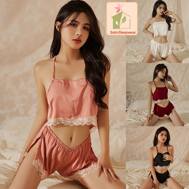 SatinSleepwear ชุดนอนสตรี ผ้าไหม ชุดใส่อยู่บ้าน ลูกไม้ กรีด ส่งจากไทย(H9124)