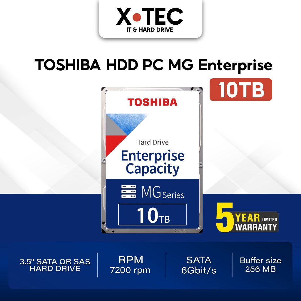 Toshiba Internal HDD (10TB) Enterprise Capacity Hard Drive – MG Series 3.5" MG 7200rpm 256MB SATA TS