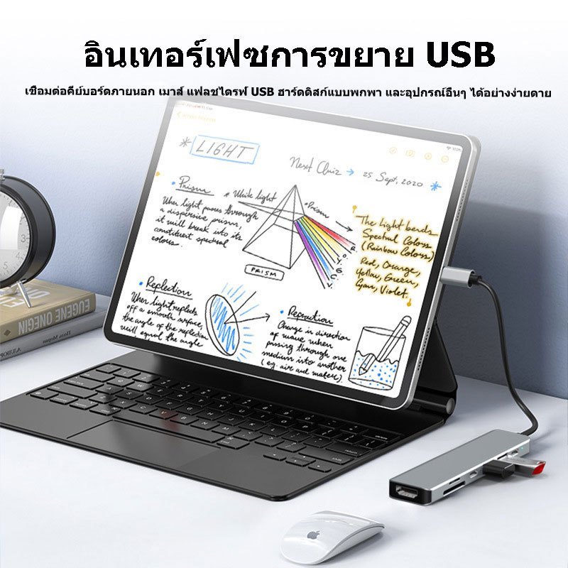 อะแดปเตอร์ฮับ Type C 7-in-1 HUB เป็น USB 3.0 + USB + HDMI 4K + USB-C + PD + เครื่องอ่านการ์ด SD / TF
