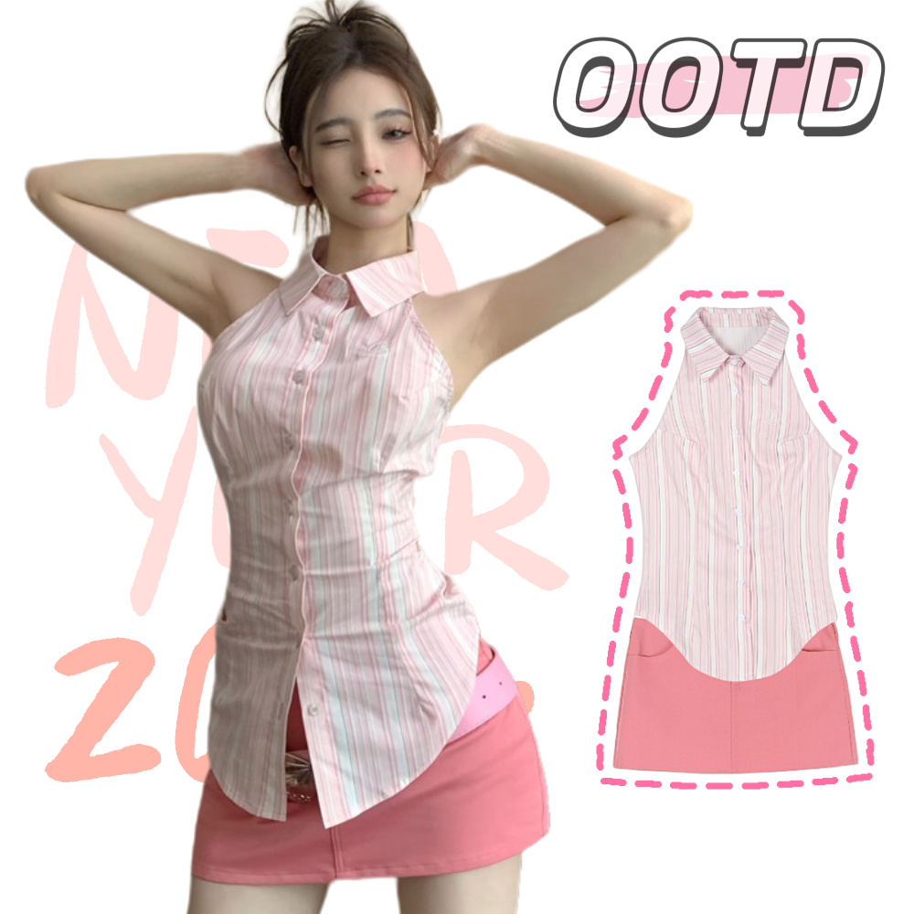 Spice girl🩰set 2 ชิ้น pink เสื้อแขนกุดคอปก+กระโปรงสั้น🛒ชุดมีสองชิ้นราคาถูก สวยสับปังมาก เข้ากับทุกการแต่งกาย สำหร