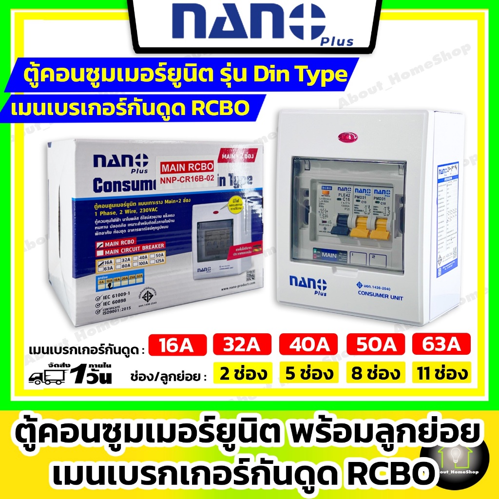 Nano ตู้คอนซูมเมอร์ยูนิตกันดูด RCBO 2 5 8 11 ช่อง นาโน ตู้โหลด+เมนเบรกเกอร์กันดูด+ลูกย่อยพร้อมใช้งาน