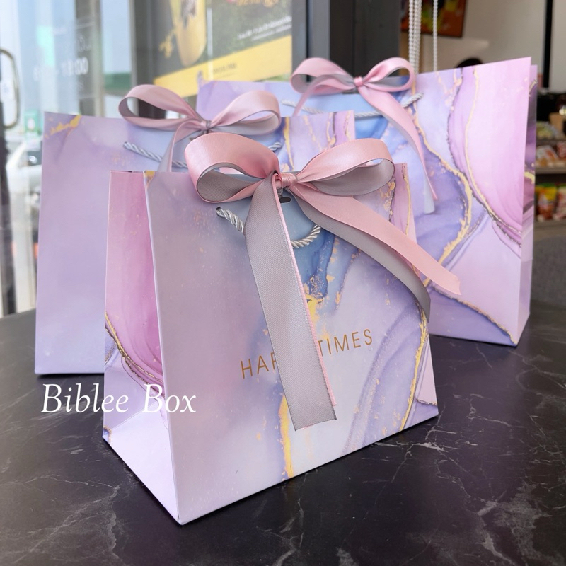 ꒰1ใบ꒱ถุงกระดาษ HAPPY TIMES โทนสีม่วงพาสเทล ริบบิ้นทูโทน สีชมพู-เงิน