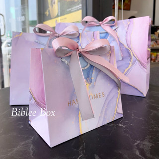 ꒰1ใบ꒱ถุงกระดาษ HAPPY TIMES โทนสีม่วงพาสเทล ริบบิ้นทูโทน สีชม…