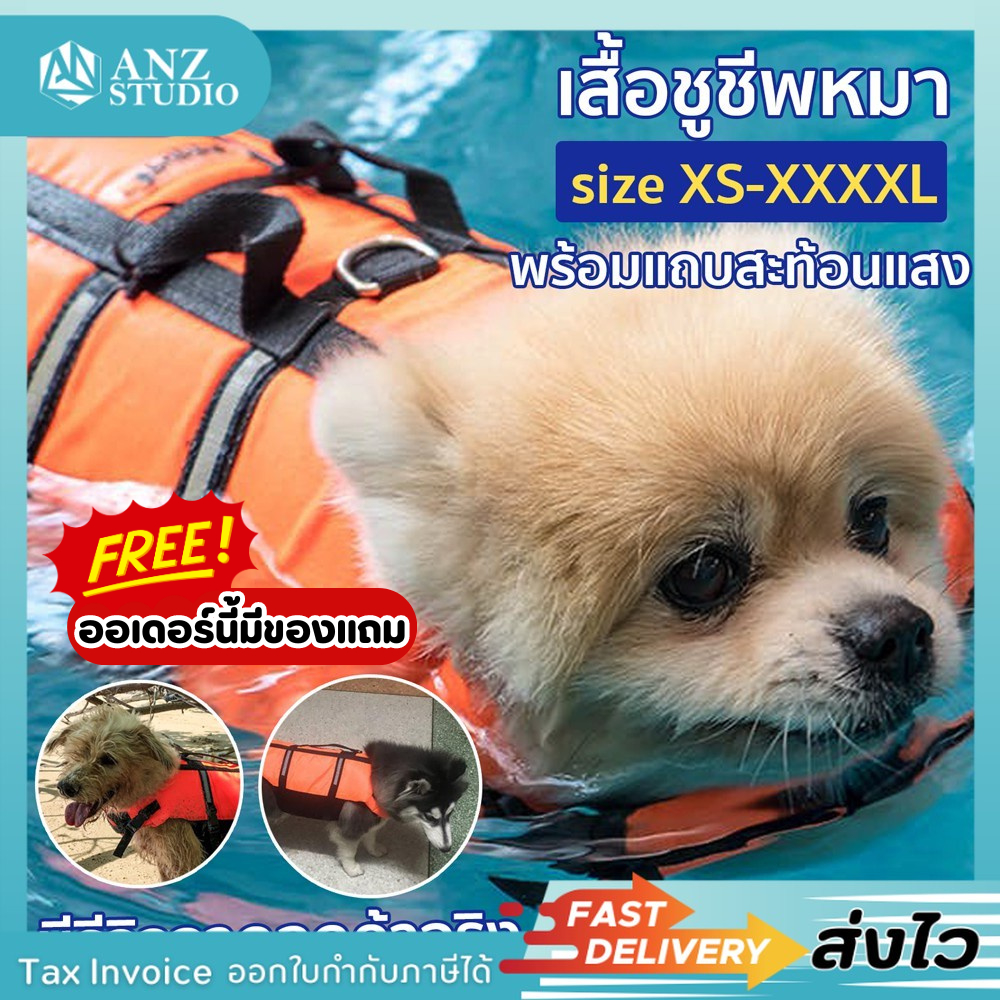 ANZ STUDIO เสื้อชูชีพสุนัข ชูชีพหมา สีส้ม มีแถบสะท้อนแสง ไซส์ XS - XXXXL  ชูชีพสุนัข