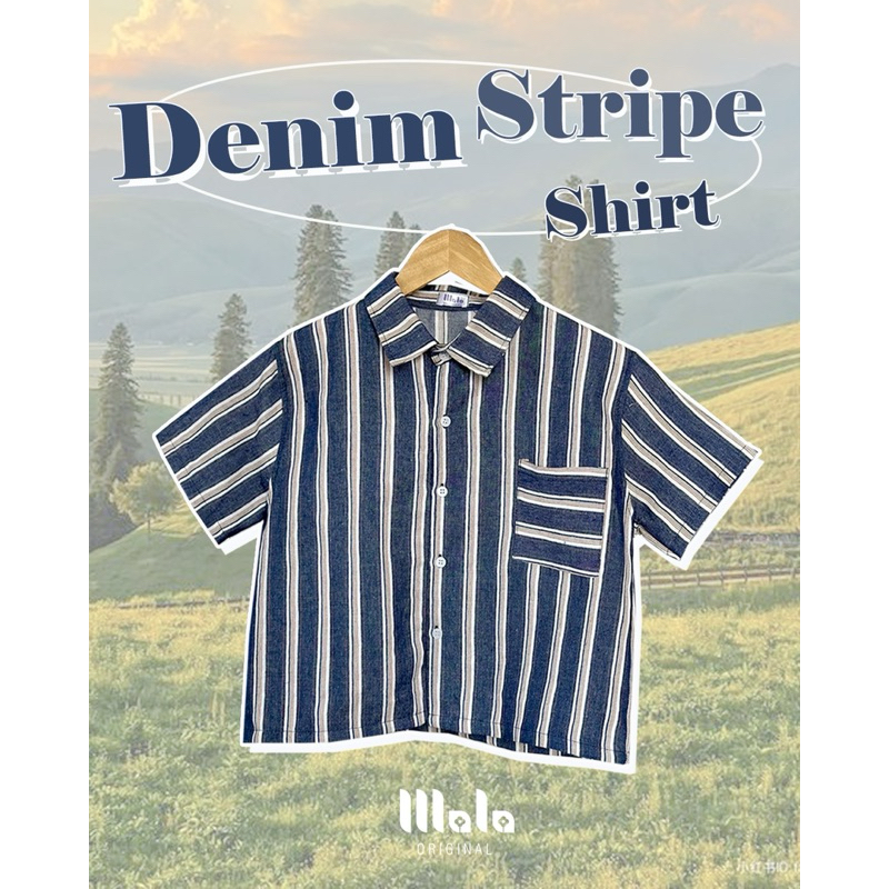 DENIM STRIPE SHIRT เสื้อเชิ้ตครอปแขนสั้นลายทาง