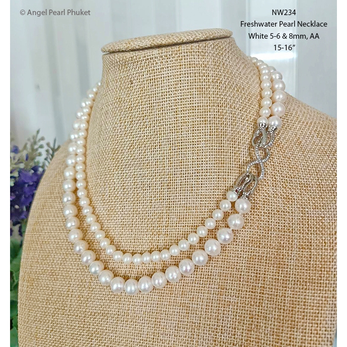 [NW234] สร้อยคอไข่มุกแท้สีขาวสองสายสุดหรู 5-6m & 8mm, AA