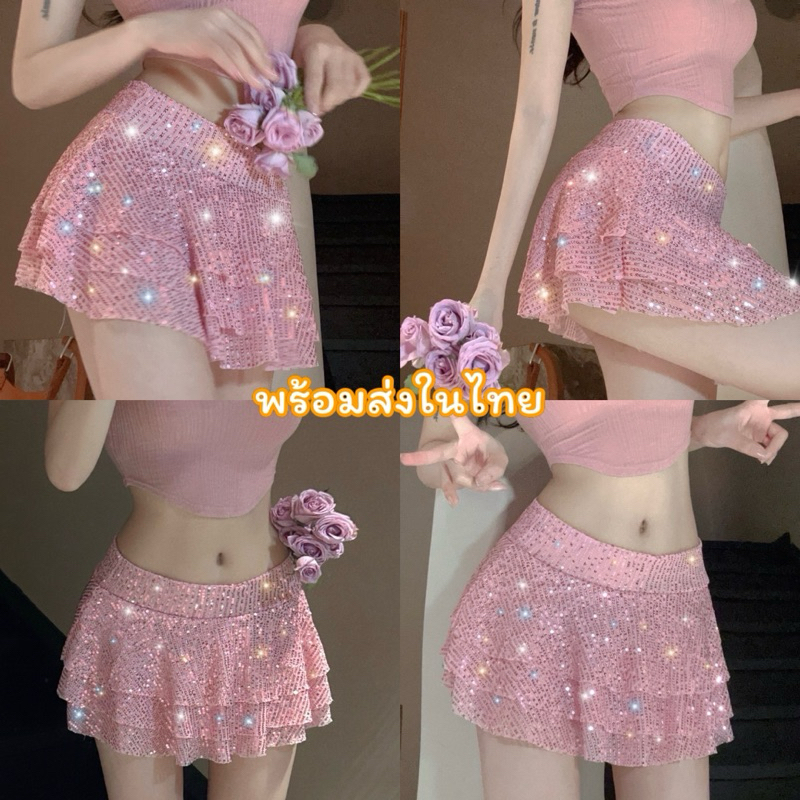 พร้อมส่งในไทย(185) กระโปรงสั้น ปักเลื่อม เอวยืด ผ้าวิ้ง สีชมพู