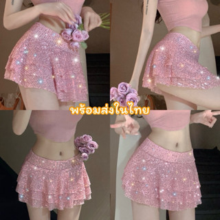 พร้อมส่งในไทย(185) กระโปรงสั้น ปักเลื่อม เอวยืด ผ้าวิ้ง สีชม…