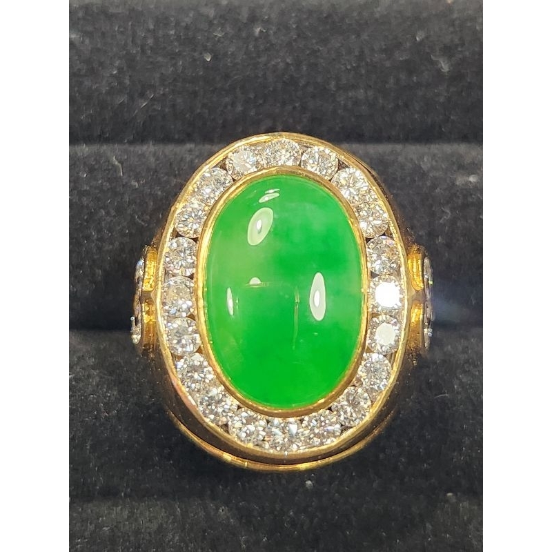แหวนเพชรหยกพม่าแท้ ทองคำ 18K - Burmese Jade Untreated (Imperial Green) Diamond Halo Gold 18K Ring - Certified