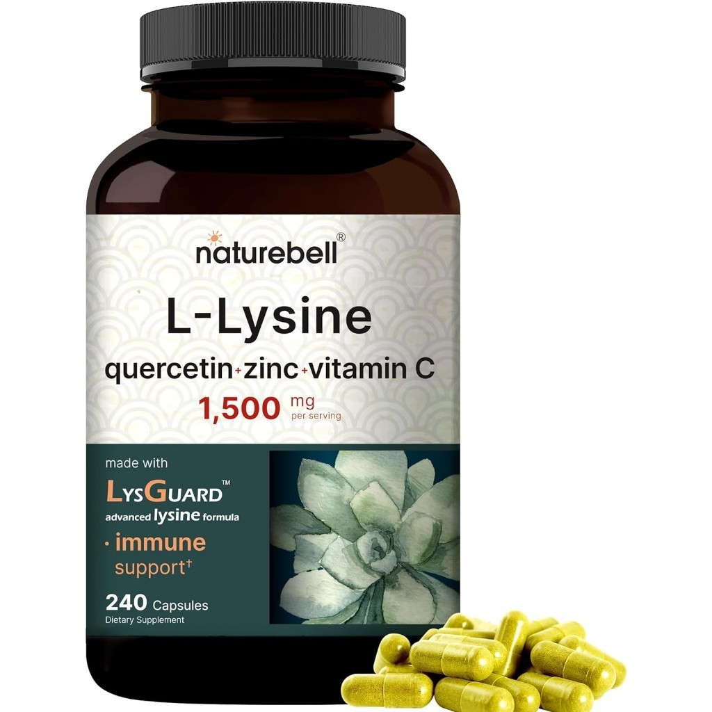 NatureBell L-Lysine 1000mg + Quercetin 250mg Supplement, 240 Capsules, Free Form, 4-in-1 Lysine Comp