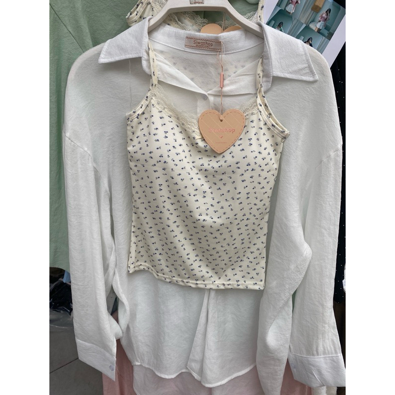 พร้อมส่ง เสื้อเซ็ท เชิ๊ต+เกาะอกสม๊อค ลายสก๊อตตาราง+สีพาสเทล ป้าย siwashop