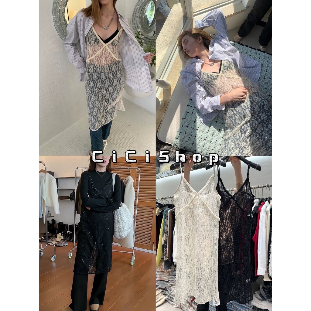 Cicishop(H9370)เดรสซีทรูผ้าลูกไม้สายเดี่ยว ลายดอก สายปรับได้