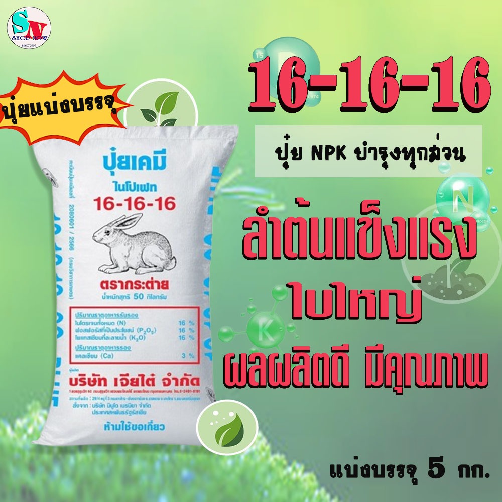 16-16-16​ กระต่าย​(เม็ดฟ้า)แบ่งบรรจุ 5 Kg. ปุ๋ยNPK บำรุงทุกส่วนใบ ลำต้น ​เพิ่มราก​ เร่งดอก เพิ่มหวาน​ ขยายผล +แคลเซียม3%