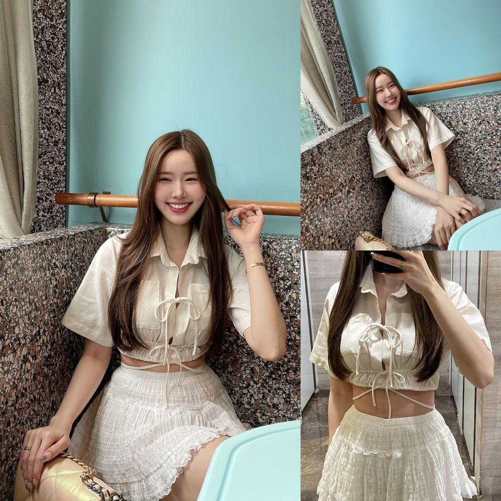 SLYQ MADE BOWTIQUE LINEN CROP TOP เสื้อครอปแขนสั้นผูกโบว์หน้าเอวรูดผ้าคอตตอนลินิน