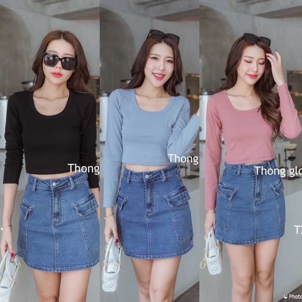 ♥ เสื้อแขนยาวคอยู ผ้ายูนิโคล่ เสื้อผ้าผู้หญิง นิ่มมาก ทรงเก๋ๆ 🅰 TGL