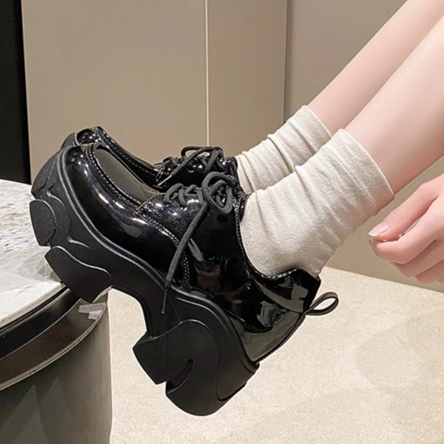 OhBlablaShoes  พร้อมส่ง รองเท้าหนัง ส้นตึก เปิดส้น (สูง7.5cm.)   สี BLACK , BROWN