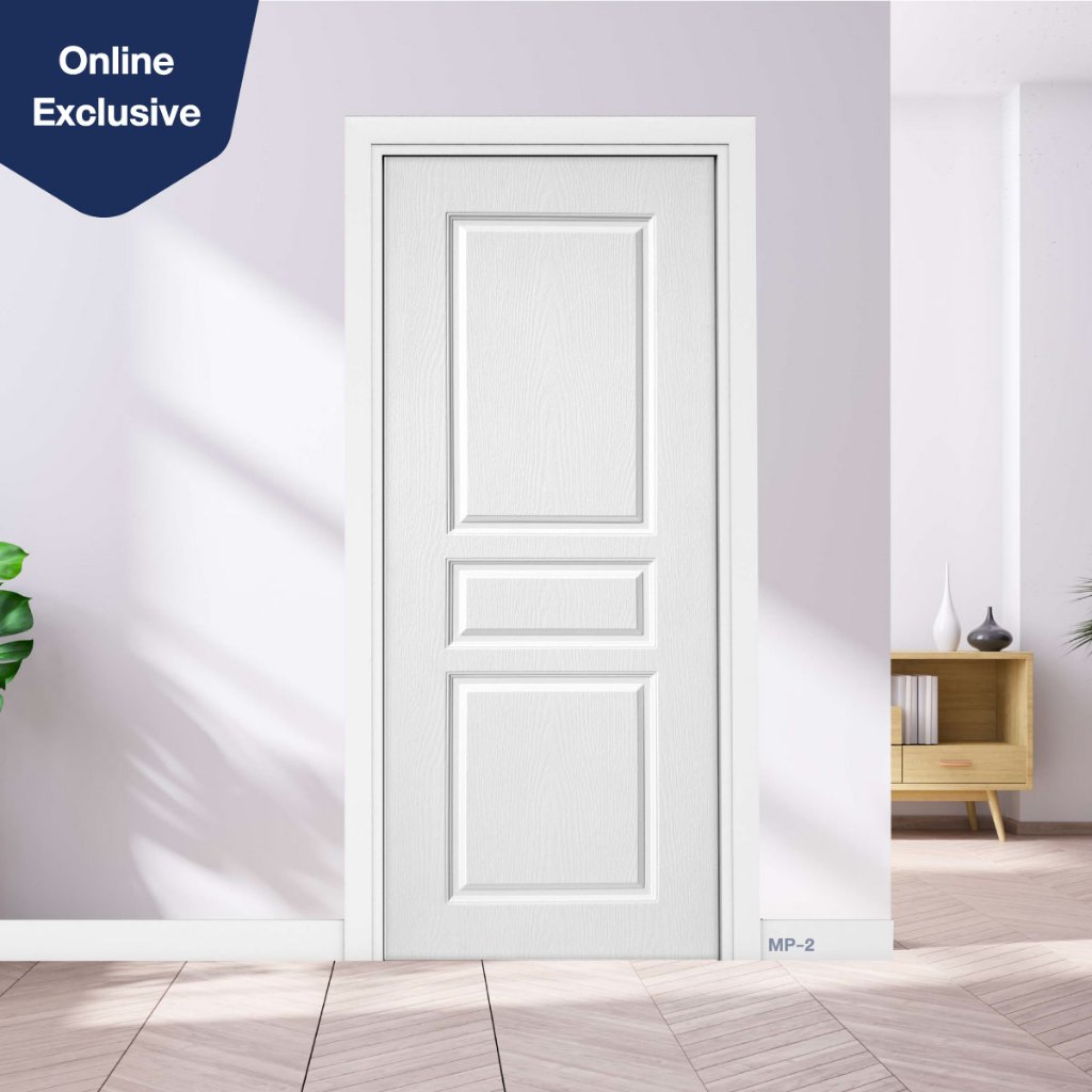 ส่งฟรี! ประตู uPVC ผิวเสี้ยน รุ่น MP-2 ใช้เป็นประตูภายนอกที่มีชายคาปกคุลมได้ กันน้ำ ใช้ภายในได้ ประตูสีขาว ประตูภายใน