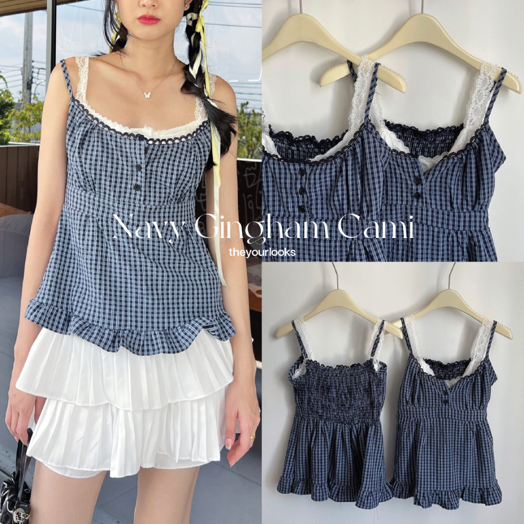 𝑇ℎ𝑒𝑦𝑜𝑢𝑟𝑙𝑜𝑜𝑘𝑠 623 #พร้อมส่ง 𝗡𝗮𝘃𝘆 𝗚𝗶𝗻𝗴𝗵𝗮𝗺 เสื้อสายเดี่ยว เย็บลูกไม้สีขาวติดกันด้านใน (กดใน 𝗟𝗶𝘃𝗲 ลดเหลือ 𝟐𝟒𝟗฿)