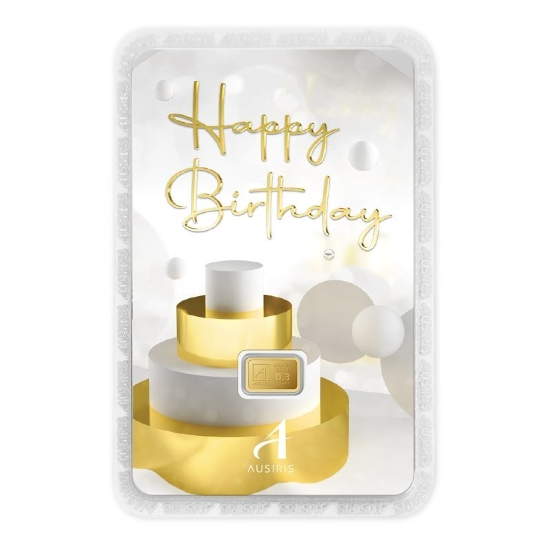 การ์ด Happy Birthday เค้กสีทอง น้ำหนัก 0.3 กรัม ทองแท้ 96.5% พร้อมใบรับประกันสินค้าจากทางร้าน