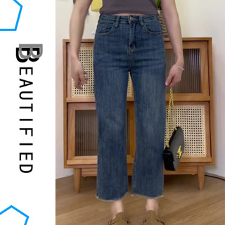 beautified กางเกงยีนส์ยืดเองสูง ทรงตรง ปลายปล่อย