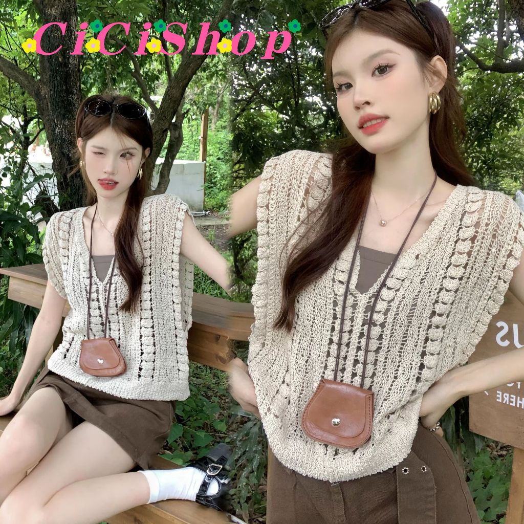 Cicishop(20231)เสื้อกั๊กผ้าถักโครเชต์ คอวี สไลต์เกาหลี เหมาะกับSummerสุดๆ